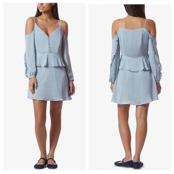 NEW Avec Les Filles Women's Cold Shoulder Mini Dress Satin Ruffle Blue Med - Picture 1 of 9